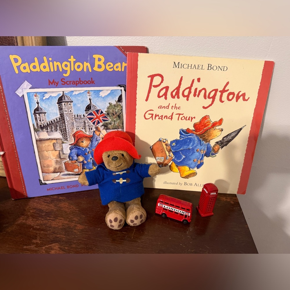 Paddington Bear Bundle- books, small bear + metal London red bus & phone booth